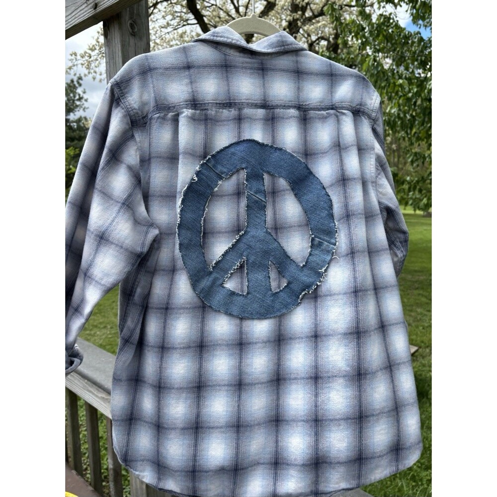 Peace Sign Upcycled Flannel Shirt Men’s Size Large Grunge Hippie Retro SEE NOTE